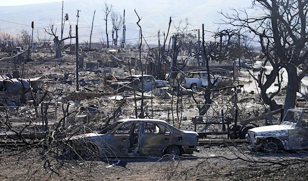 Destroyed homes and cars shown in this August 13, 2023 photo in Lahaina, Hawai. (AP)