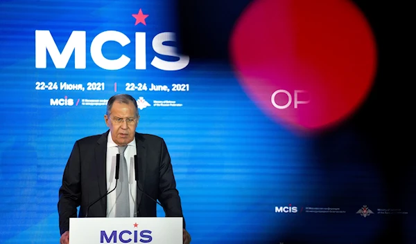 Russian Foreign Minister Sergey Lavrov delivers his speech at the IX Moscow conference on international security in Moscow, Russia, June 24, 2021 (AP)