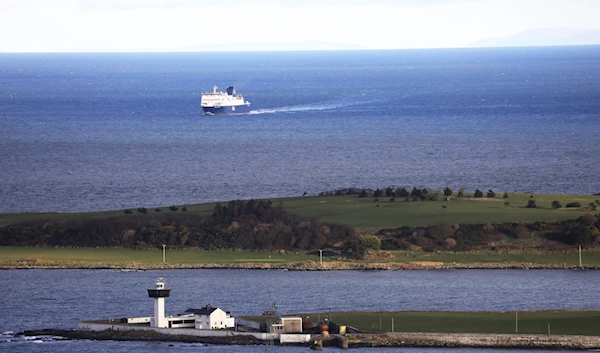 A ferry from Scotland crosses the Irish Sea towards the port at Larne on the north coast of Northern Ireland, January 1, 2021. (AP)