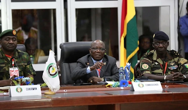 ECOWAS commissioner Abdel-Fatau Musah, centre, speaks during a press briefing following the Extraordinary Meeting of the ECOWAS Committee of Chiefs of the Defence Staff, in Accra, Ghana, Friday, Aug. 18, 2023. (AP)