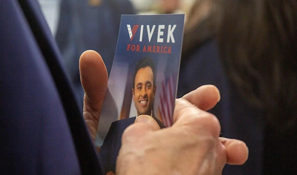 a pamphlet for U.S. entrepreneur and 2024 presidential hopeful Vivek Ramaswamy at the Horizon Events Center in Clive, Iowa, on April 22, 2023 (AFP)