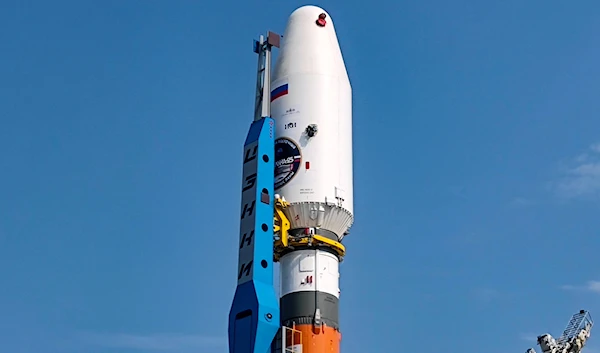 In this photo released by Roscosmos State Space Corporation, the Soyuz-2.1b rocket with the moon lander Luna 25 automatic station is set at a launch pad at the Vostochny Cosmodrome in the Russian Far East on Tuesday, Aug. 8, 2023. (AP)