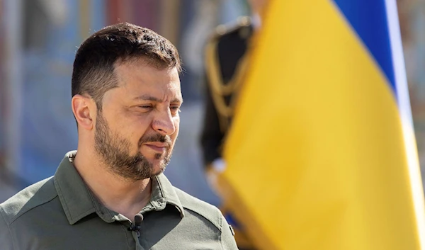 Ukrainian President Volodymyr Zelenskyy attends an event in Mykhailivska Square in Kiev, Friday, July 28, 2023 (AP)