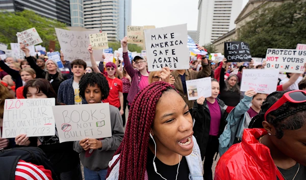 Cheyenne Harris yells with other demonstrators at the March for Our Lives anti-gun protest outside the State Capitol in Nashville, Tennessee, April 3, 2023 (AP)