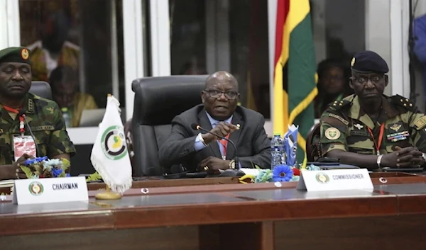 ECOWAS commissioner Abdel-Fatau Musah, centre, speaks during a press briefing following the Extraordinary Meeting of the ECOWAS Committee of Chiefs of the Defense Staff, Accra, Ghana, August 18, 2023. (AP)