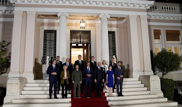 Balkan leaders pose for a family photo at Maximos Mansion in Athens, Greece, Monday, Aug. 21, 2023. (AP)