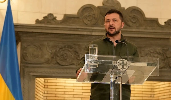 Ukraines President Volodymyr Zelenskyy speaks during a joint news conference with Greece's Prime Minister Kyriakos Mitsotakis at Maximos Mansion in Athens, Greece, Monday, Aug. 21, 2023. (AP)