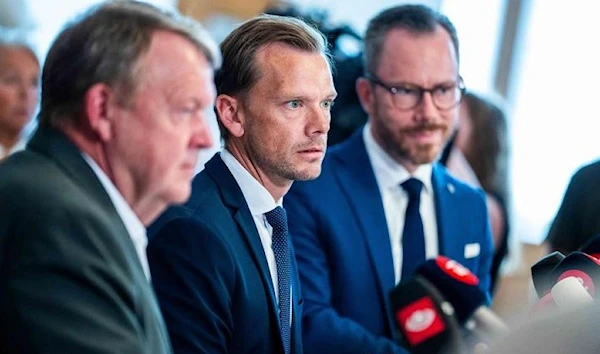 Denmark Minister of Foreign Affairs Lars Loekke Rasmussen, Minister of Justice Peter Hummelgaard and Deputy Prime Minister Jakob Ellemann-Jensen present a bill for a Quran burning ban, on August 25, 2023 in Copenhagen. (AFP)