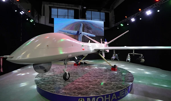 Iran's domestically built drone, Mohajer-10, is displayed in an exhibition in a military compound belonging to the Defense Ministry, in Tehran, Iran, August 23, 2023 (AP)