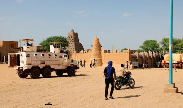 United Nations forces patrol the streets of Timbuktu, Mali, on Sept. 26, 2021 (AP)