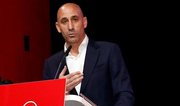 RFEF President Luis Rubiales delivers a speech during an extraordinary general assembly of the federation in Las Rozas de Madrid, on August 25, 2023. (AFP)