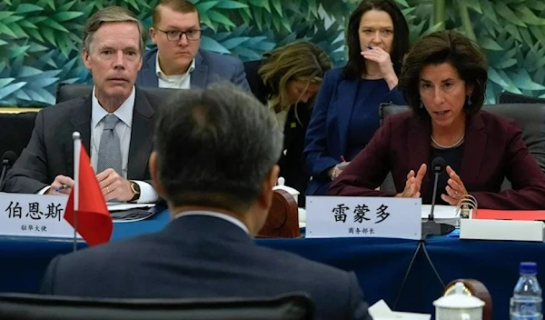 US Commerce Secretary Gina Raimondo meeting with China's Minister of Commerce Wang Wentao in Beijing on August 28, along with US Ambassador to China Nick Burns. (AFP via Getty Images)