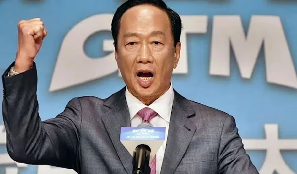 Terry Gou, the billionaire founder of Foxconn speaking at press conference on 28 August 2023. (AFP)