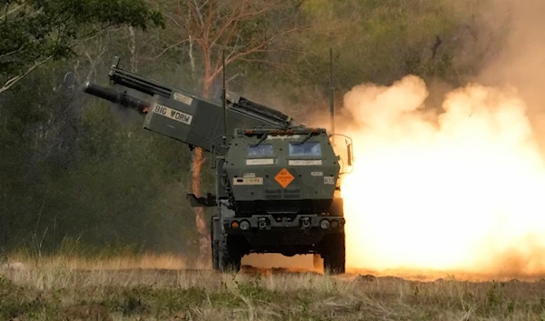 A U.S. M142 High Mobility Artillery Rocket System (HIMARS) fires a missile during a joint military drill between the Philippines and the U.S. called Salaknib at Laur, Nueva Ecija province, northern Philippines on Friday, March 31, 2023. (AP)