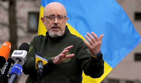 Ukrainian Minister of Defense Oleksii Reznikov talks to the media after the meeting of the 'Ukraine Defense Contact Group' at Ramstein Air Base in Ramstein, Germany, Friday, April 21, 2023. (AP)