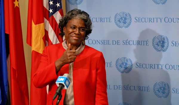 New US Ambassador to the United Nations, Linda Thomas-Greenfield speaks after meeting with UN Secretary-General Antonio Guterres at the United Nations on February 25, 2021 in New York City. (AP)