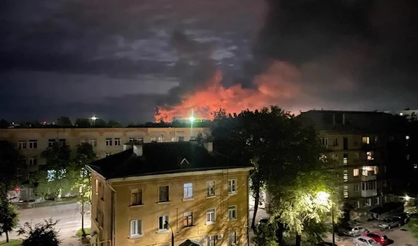 Pictures taken of the explosions following the drone attack against the drone attack on the Pskov airport, 30 August 2023 (AP)