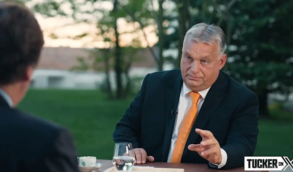 Hungarian Prime Minister Viktor Orban gives an interview to US political commentator and media personality Tucker Carlson in the government headquarters in Budapest, Hungary, 21 August 2023 (aired 30 August, 2023) (Screengrab)