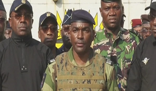 A photo from a video obtained by AFPTV from Gabon 24 on Aug. 30, 2023 of Colonel Ulrich Manfoumbi Manfoumbi spokesperson of the Committee for the Transition and Restoration of Institutions (CTRI)