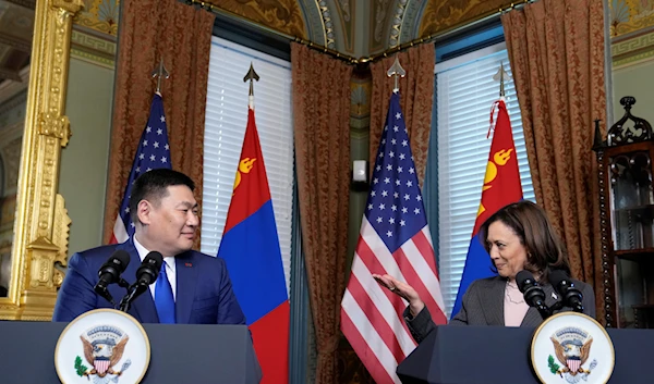 Vice President Kamala Harris, right, talks during her meeting with Mongolia's Prime Minister Luvsannamsrain Oyun-Erdene, left, in her ceremonial office on the White House complex in Washington, Wednesday, Aug. 2, 2023. (AP)