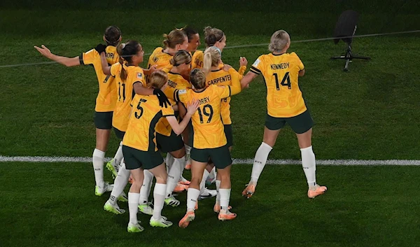 Australia’s players celebrate after Australia’s defender #07 Stephanie Catley scored a penalty on July 20, 2023 (AFP)