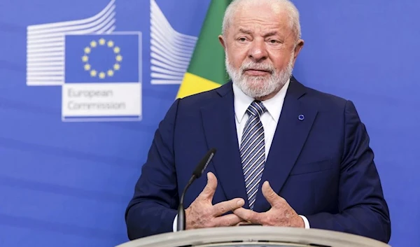 Brazil’s President Lula da Silva speaks in Brussels, July 17, 2023. (AP)