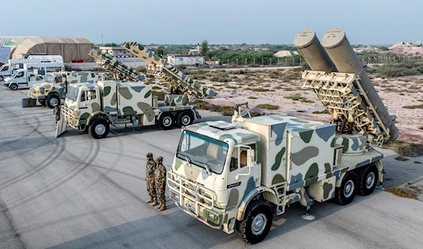 This photo released Wednesday, Aug. 2, 2023, by Sepahnews of the Iranian Revolution Guard, shows the Guard's equipment in a drill on Abu Musa Island, in the Persian Gulf (Sepahnews via AP)