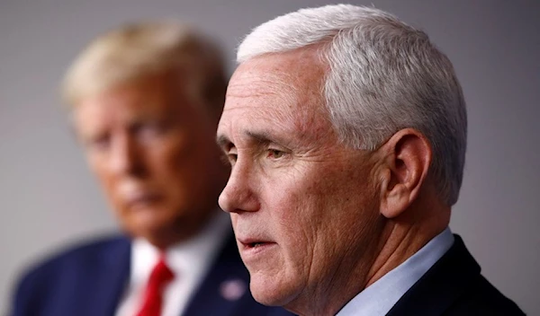 Then Vice President Mike Pence speaks alongside then President Donald Trump during a coronavirus task force briefing at the White House in Washington on March 22, 2020. (AP)