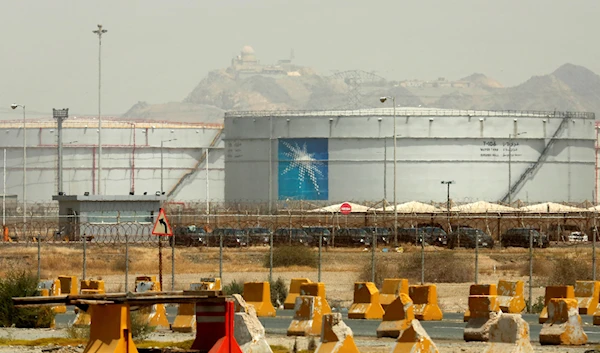 Storage tanks are seen at the North Jiddah bulk plant, an Aramco oil facility, in Jiddah, Saudi Arabia, on March 21, 2021 (AP)