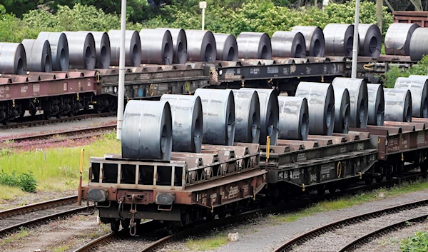 Steel coil is ready for transport at a steel mill of Germany's biggest producer thyssenkrupp Steel Europe in Duisburg, Germany, Tuesday, May 23, 2023 (AP)