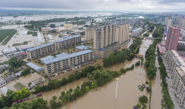 In this aerial photo released by Xinhua News Agency, flood waters cover Yanshou County of Harbin in Northeastern China's Heilonjiang province on August 5, 2023. (AP)