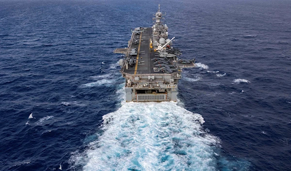 The Wasp-class amphibious assault ship USS Bataan travels through Atlantic Ocean on July 20, 2023 (US Navy via AP)