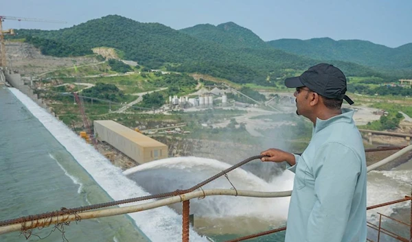 PM Abiy Ahmed and high level government officials at the Grand Ethiopian Renaissance dam during the fourth and final filling in Benishangul-Gumuz Region of Ethiopia on September 10, 2023. (Social Media)