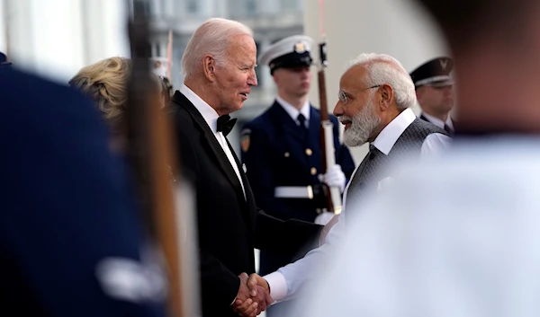 President Joe Biden and first lady Jill Biden welcome India's Prime Minister Narendra Modi for a State Dinner on the North Portico at the White House in Washington, Thursday, June 22, 2023. (AP)