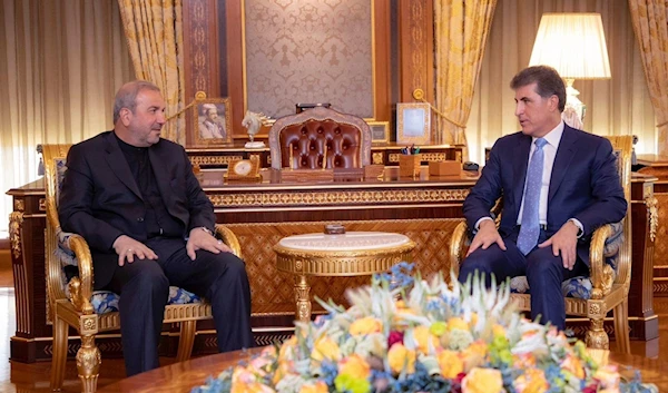 Iran's Ambassador to Baghdad Mohammad Kazem Ale-Sadeq (L) and President of Iraq's semi-autonomous Kurdistan region Nechirvan Barzani meet on September 11, 2023. (Photo by IRNA)