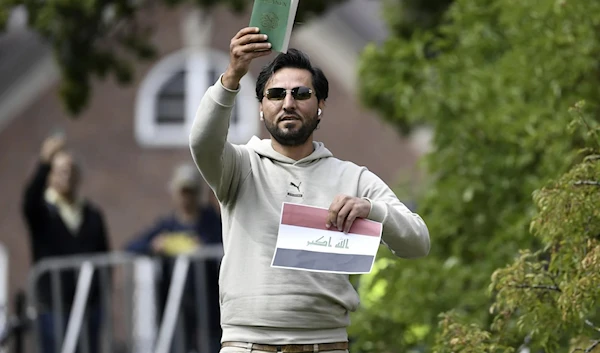 Salwan Momika is pictured outside the Iraqi embassy in Stockholm, July 20, 2023. (AP)