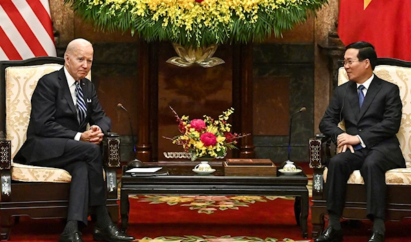 U.S. President Joe Biden and Vietnam's President Vo Van Thuong hold a meeting at the Presidential Palace in Hanoi, Vietnam, Monday, Sept. 11, 2023 (AP)