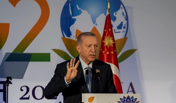 Turkey President Recep Tayyip Erdogan gestures as he speaks during a press conference at the end of the G20 Summit, in New Delhi, India, Sunday, Sept.10, 2023 (AP Photo/Dar Yasin)