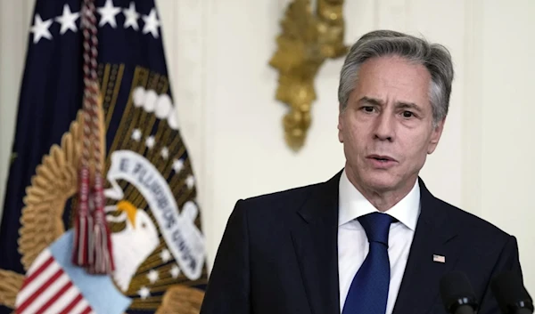 US Secretary of State Antony Blinken speaks at a chiefs of mission reception in the East Room of the White House in Washington, on June 13, 2023. (AP)