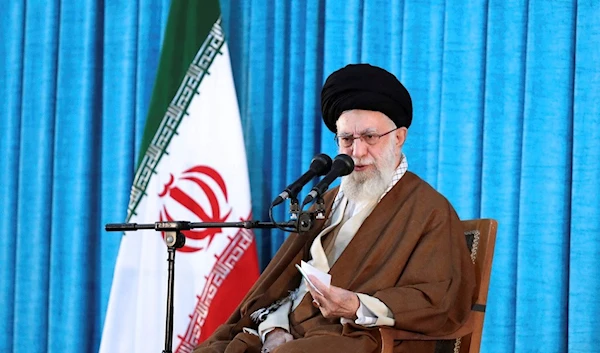 Supreme Leader Ayatollah Ali Khamenei speaks during a ceremony commemorating the death anniversary of Ayatollah Khomeini at his mausoleum just outside Tehran, Iran, Sunday, June 4, 2023 (AP)