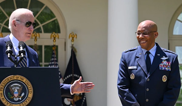 US President Joe Biden announces his nomination of Air Force General Charles Brown, Jr. (R), to serve as the next Chairman of the Joint Chiefs of Staff, in the Rose Garden of the White House in Washington, DC, May 25, 2023. (AFP via Getty Images)