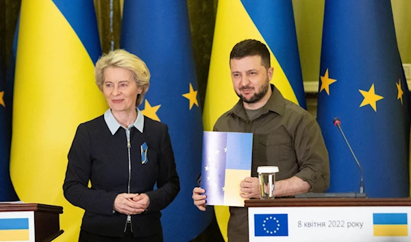 In this photo taken on April 8, 2022, European Commission President Ursula von der Leyen and Ukrainian President Volodymyr Zelensky are seen at a joint press conference in Ukraine (AFP)