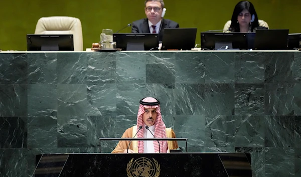 Saudi Arabian Foreign Minister Prince Faisal bin Farhan Al Furhan Al-Saud addresses the 78th session of the United Nations General Assembly, Saturday, Sept. 23, 2023, at United Nations headquarters. (AP)