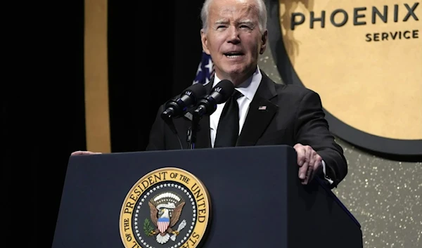 US President Joe Biden speaks at a congressional awards dinner in Washington on Saturday. (AP)