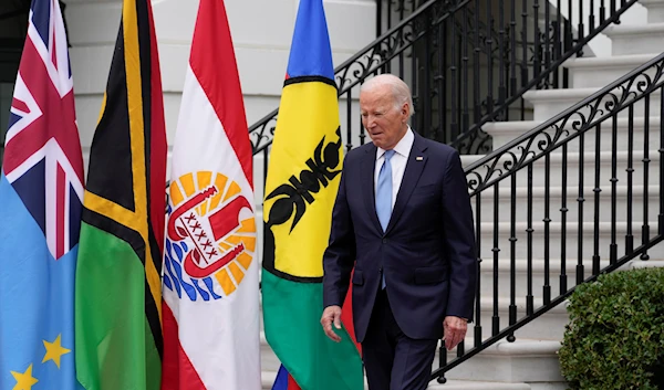 President Joe Biden walks to take his place for a family photo with Pacific Islands Forum leaders at the White House in Washington, Monday, Sept. 25, 2023. (AP)