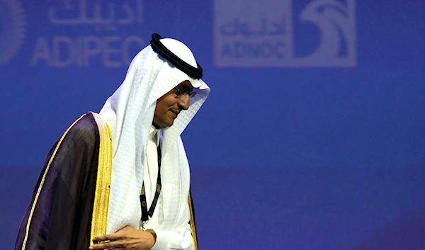 Saudi Arabia's Energy Minister Prince Abdulaziz bin Salman leaves the podium after his speech at the Abu Dhabi International Petroleum Exhibition & Conference in Abu Dhabi, United Arab Emirates, on October 31, 2022 (AP)