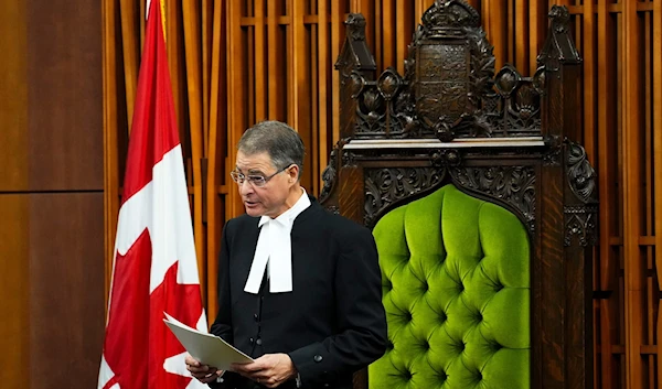 The speaker of Canada's House of Commons Anthony Rota delivers a speech following an address by Ukrainian President Volodymyr Zelensky in the House of Commons on Parliament Hill in Ottawa, September 22, 2023. (AP)