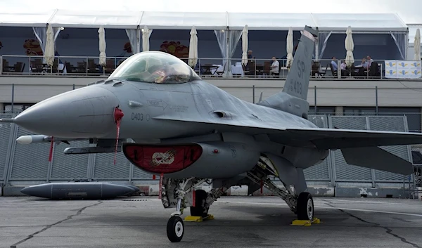 US Air Force F-16 fighter jet is on display during the Paris Air Show in Le Bourget, north of Paris, France, Monday, June 19, 2023. (AP)