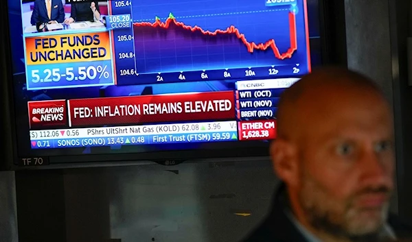 A monitor displays information about the Federal Reserve interest rate on the floor at the New York Stock Exchange in New York, Wednesday, Sept. 20, 2023. (AP)