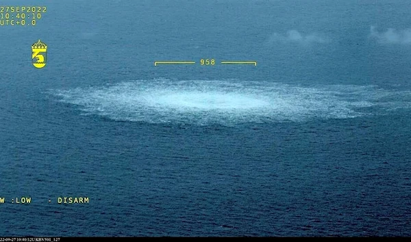 In this picture provided by Swedish Coast Guard, the gas leak in the Baltic Sea from Nord Stream photographed from the Coast Guard's aircraft, September 27, 2022 (AP)